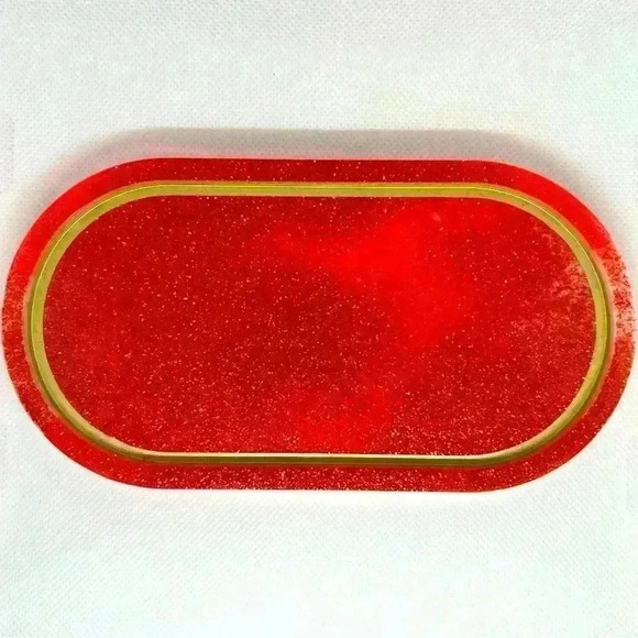 Hand Crafted Red Marbled, Red Glitter, and Golden Inner Rim Resin Trinklet Tray - Picture 2 of 3